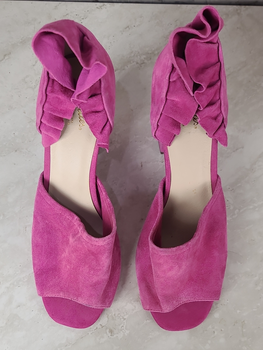 Seychelles TROPICAL Liendo Pink Suede Open-Toe Ruffle Block Heel Sandals 10 - Picture 8 of 13